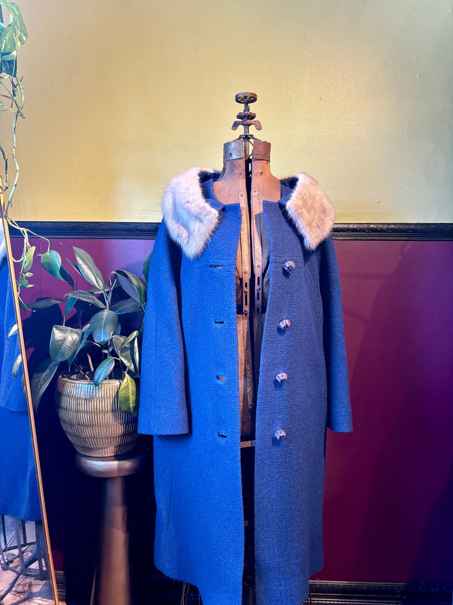 Blue Wool Coat with Mink Collar