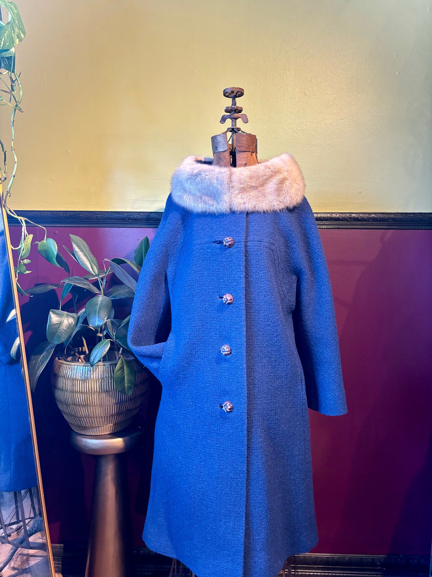 Blue Wool Coat with Mink Collar