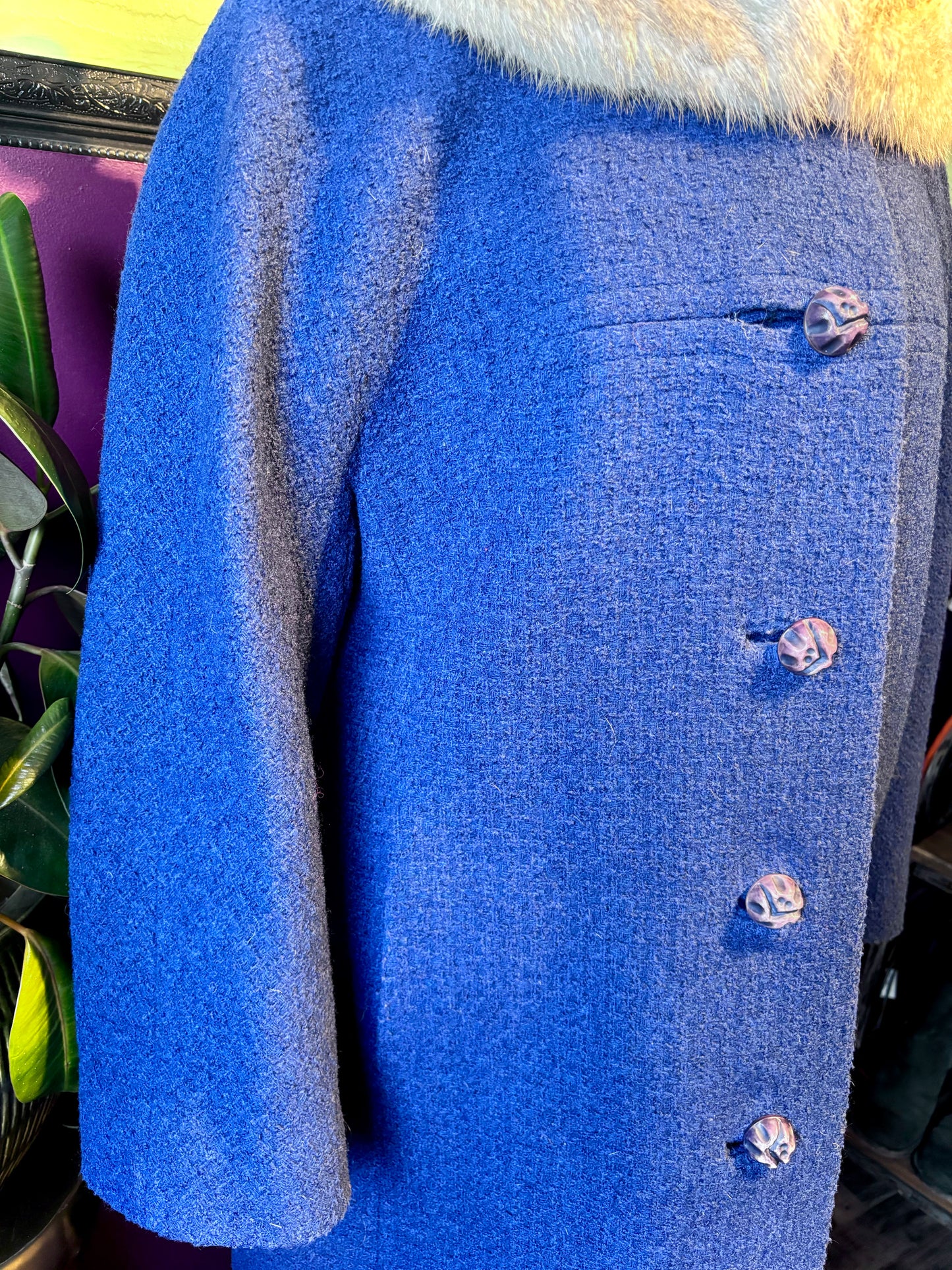 Blue Wool Coat with Mink Collar