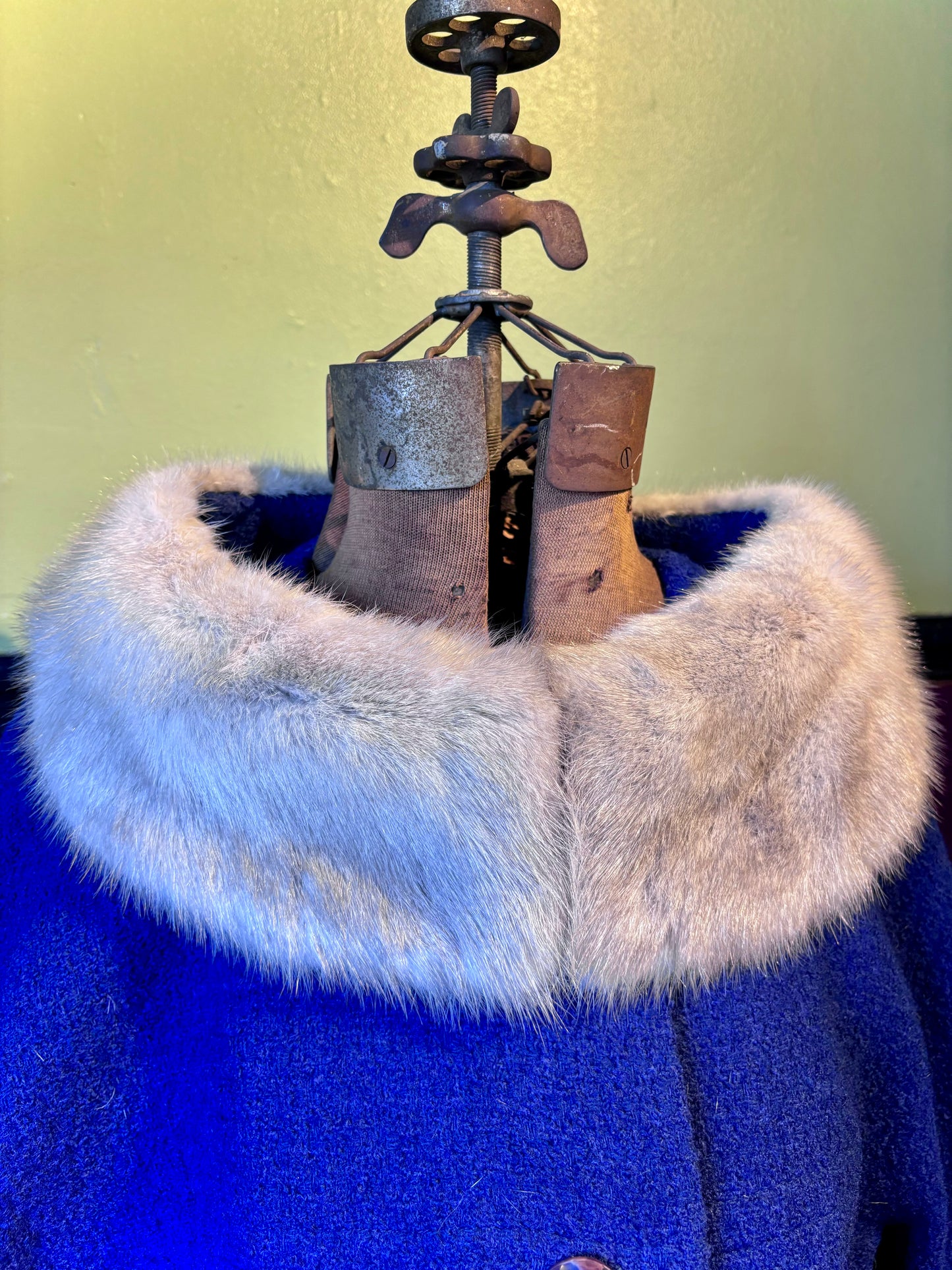 Blue Wool Coat with Mink Collar