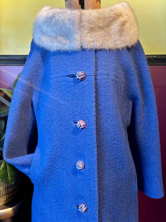 Blue Wool Coat with Mink Collar