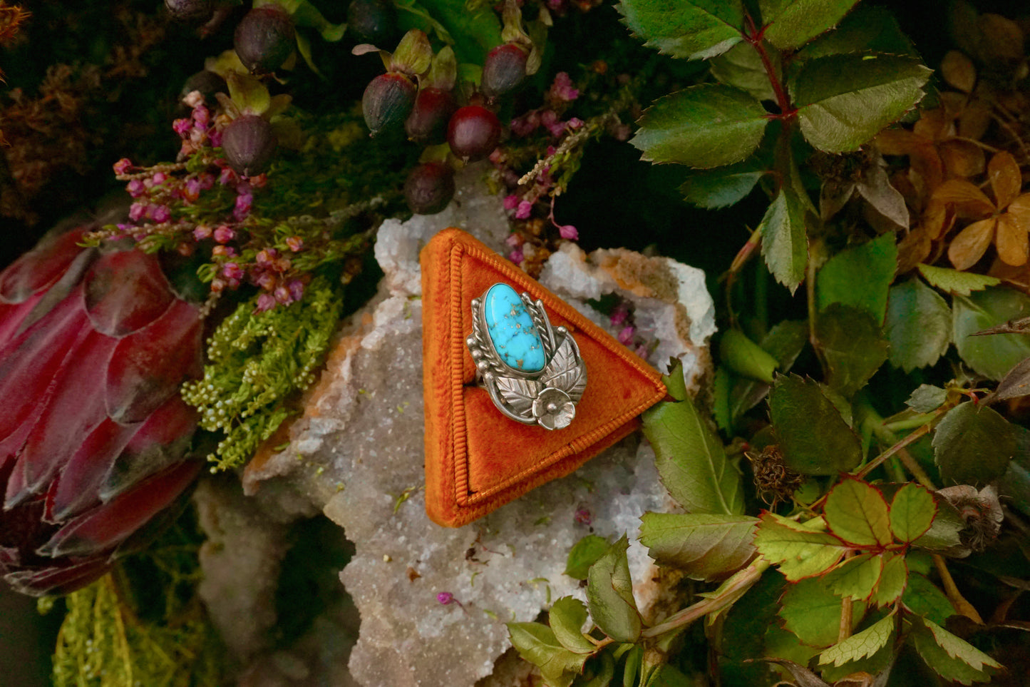 Turquoise Feather & Flower Ring